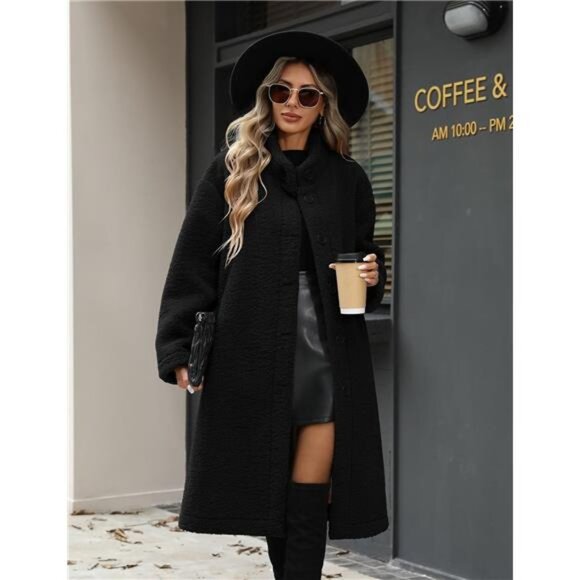 Women's Long Fleece Coat Faux Fur Jacket Button Down Winter Coat - Picture 2 of 5